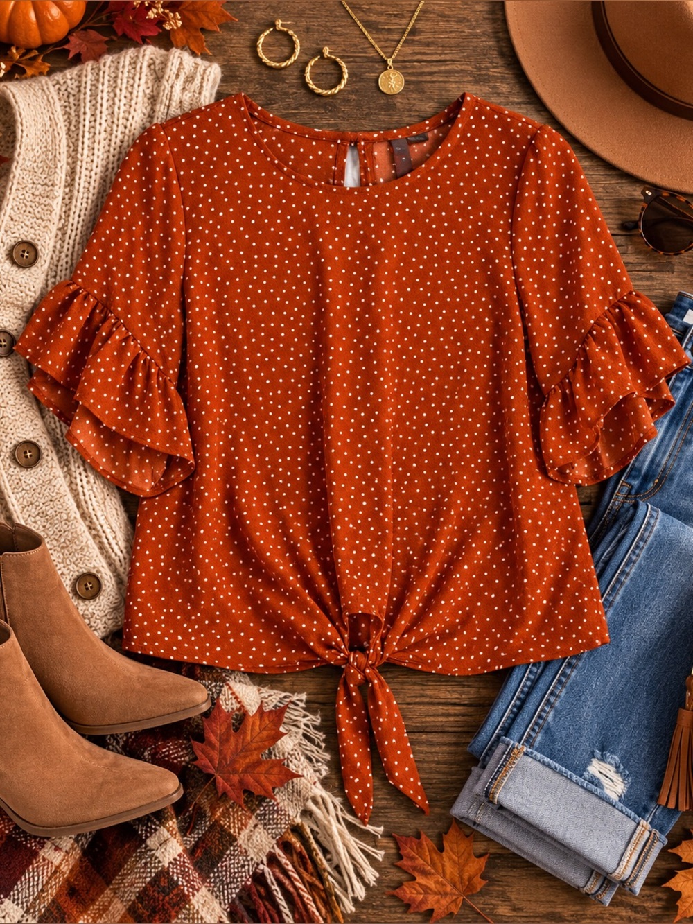 Tie-Front Polka Dot Ruffle Sleeve Blouse - Rust